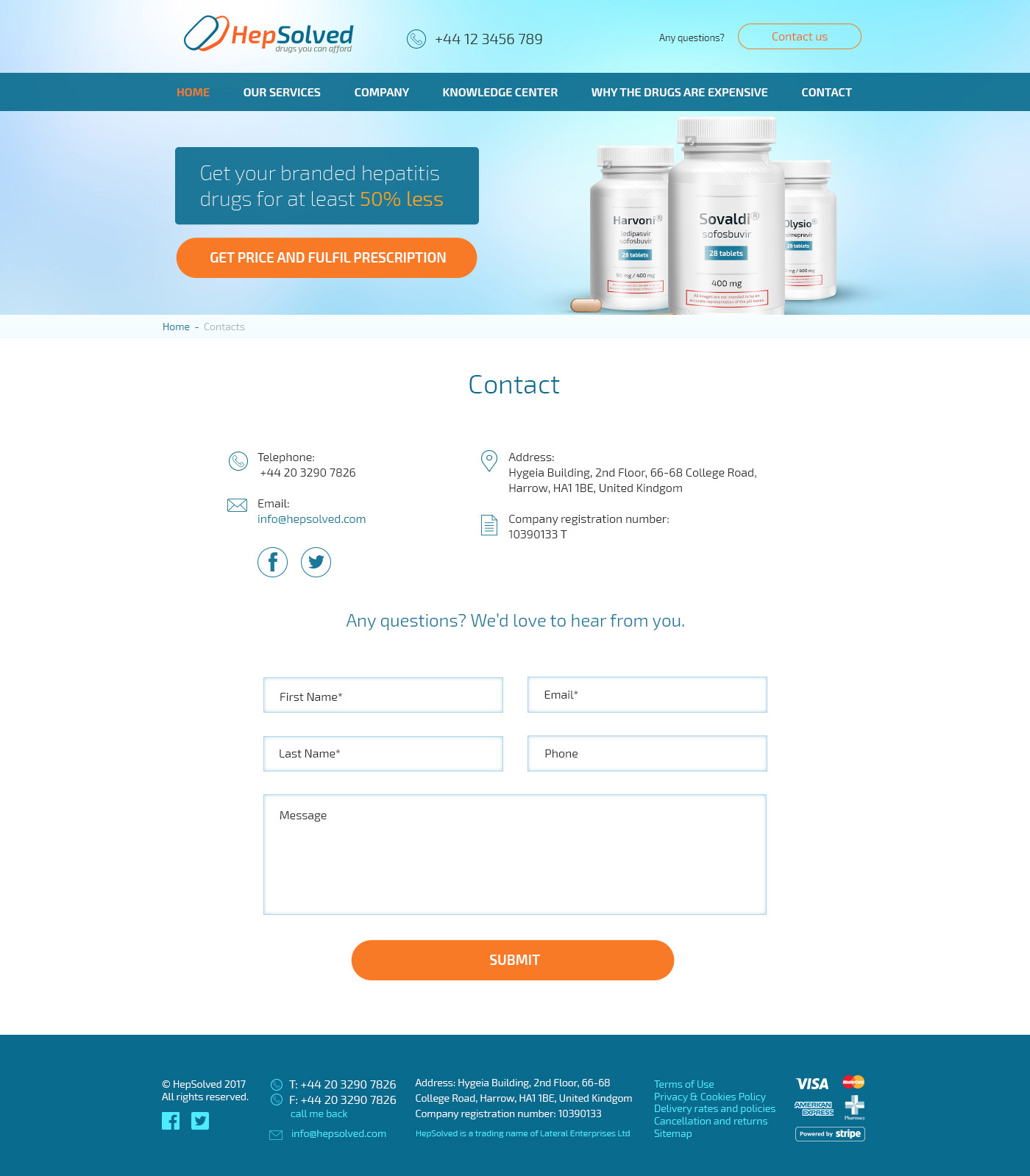 Дизайн страницы контакты для сайта компании HepSolved