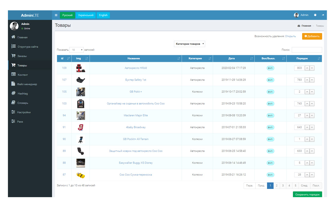 Content management sytem screenshot